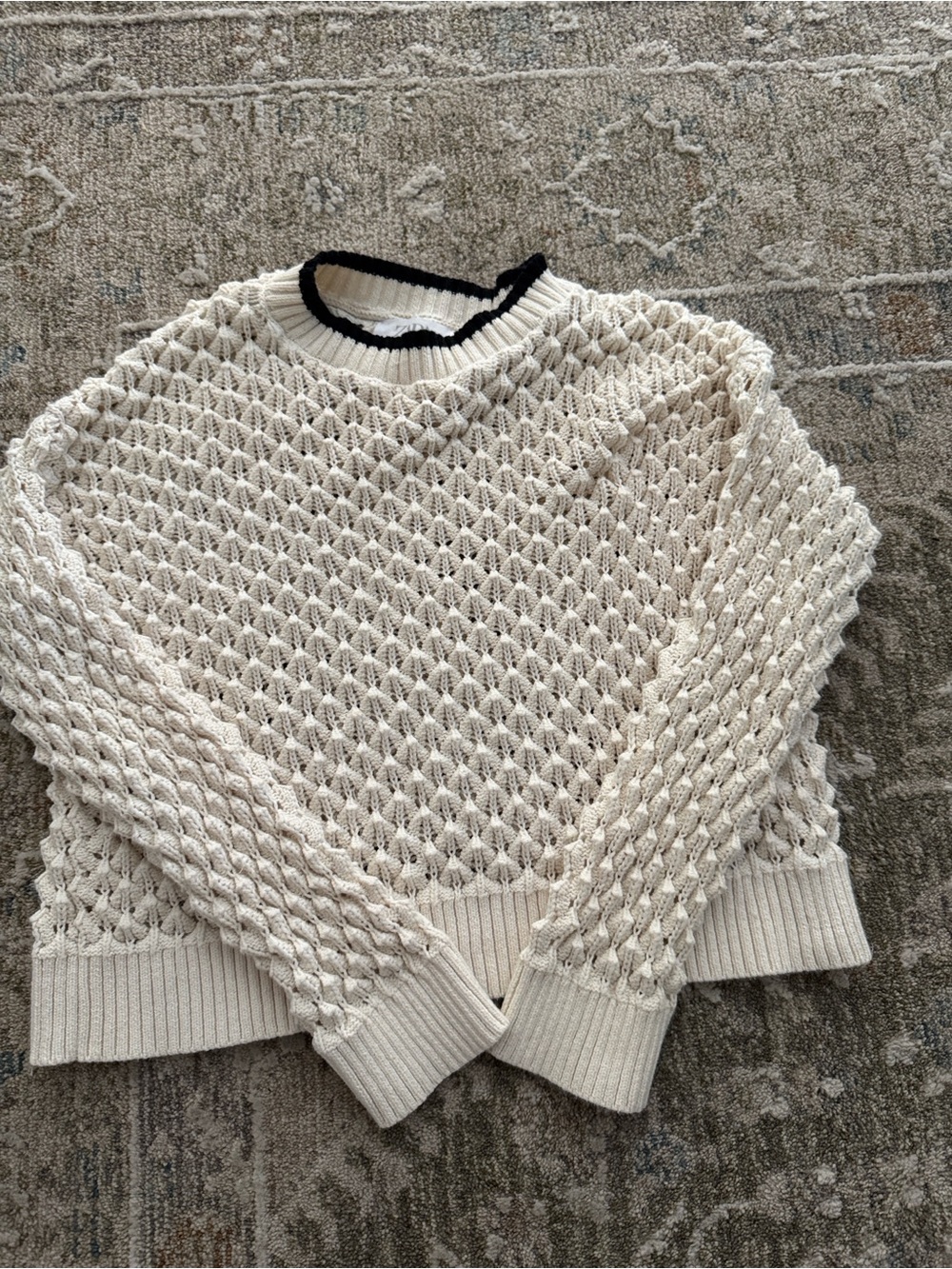 Zara Cream Knit Sweater with Black-Trim Neck